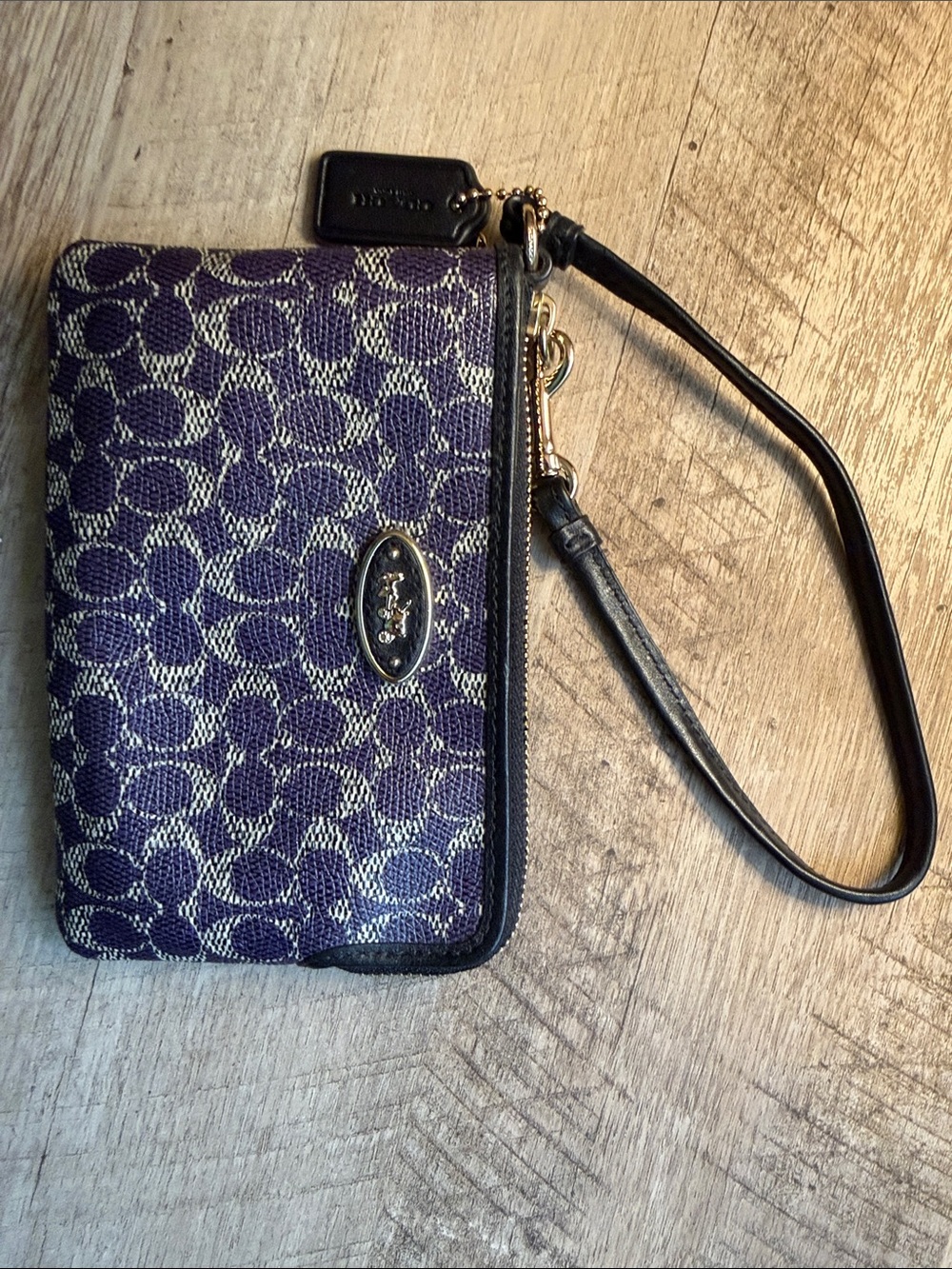Coach Purple Signature Canvas Wristlet with Black Trim and Strap